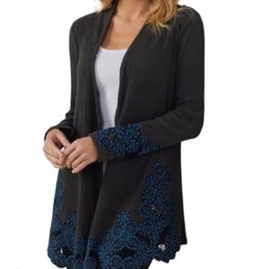 Soft Surroundings Lucy Topper Twilight embroidered Blue ribbed cardigan